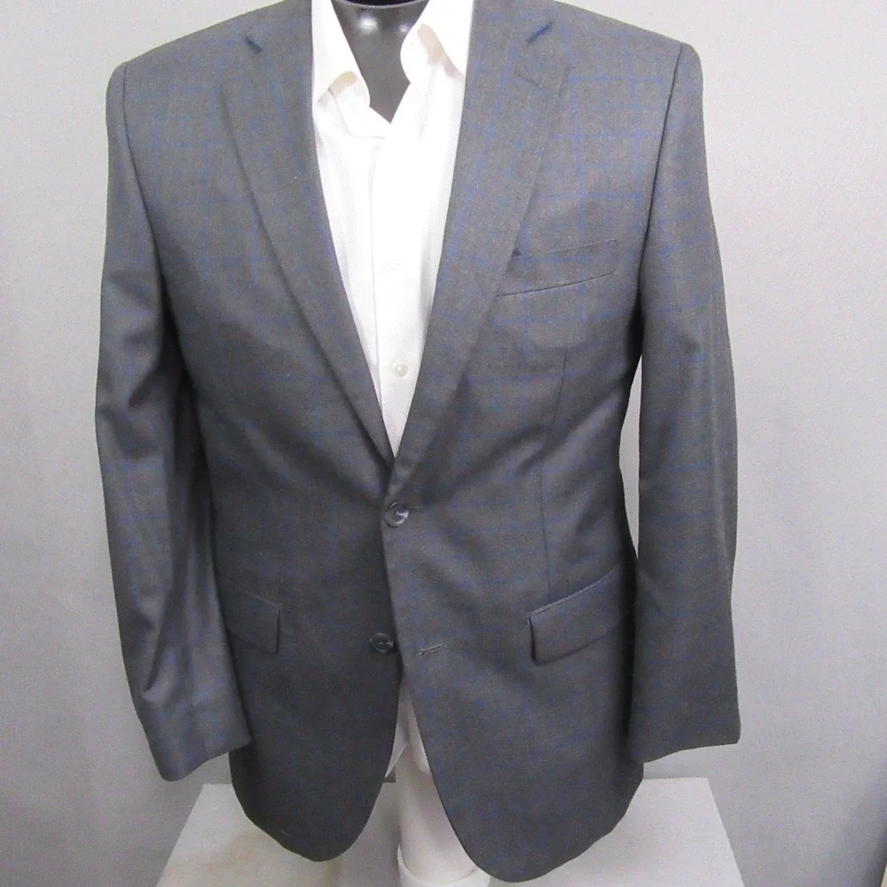 Alan Flusser Sport Coat 40R Gray Blue Windowpane Double Vent‎ Modern
